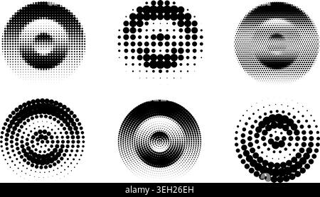 Set of six circular halftone dot patterns isolated on white background Stock Vector