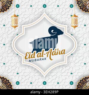 Beautiful Eid al Adha Mubarak greeting design featuring Islamic geometric patterns, decorative lanterns, ornate mandala corners, and Goat silhouette Stock Vector