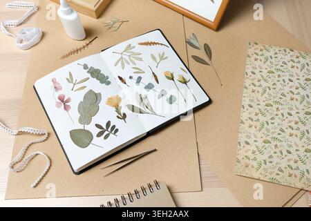 Cozy creative workspace with botanical herbarium notebook olive leaves eucalyptus. Artistic flat lay composition featuring dried plants stationery Stock Photo