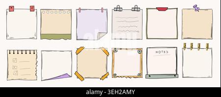Paper stationery notes and stickers. Doodle memo messages. Hand drawn reminder in pastel colors or social media, messages planner office notice blog.  Stock Vector
