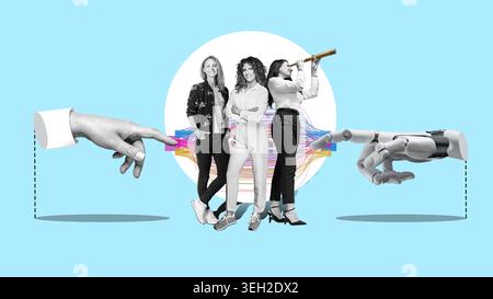 White cyborg robotic hand pointing his finger to business team and human hand with stretched finger - ai artificial intelligence. The interface betwee Stock Photo