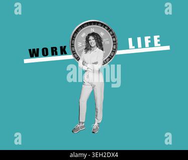 A successful woman makes a decision - represented by a bar bearing the words "Work" and "Life," illustrating the challenges of balancing business and Stock Photo