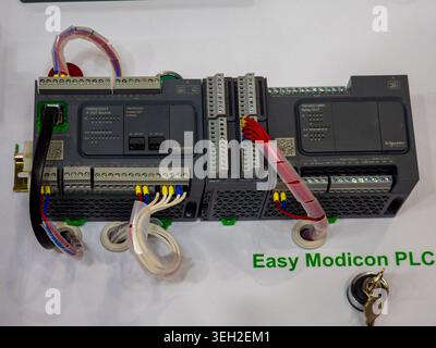 Ukraine, Kyiv - May 12, 2026:A professional close-up view of a Schneider Electric Easy Modicon PLC system showing multiple modules, connected wiring, Stock Photo