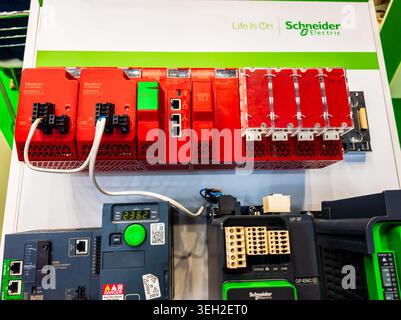 Ukraine, Kyiv - May 12, 2026:A high-tech display of Schneider Electric Modicon M580 industrial safety PLC modules and controllers used for advanced fa Stock Photo