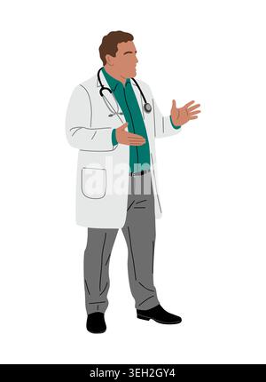 Dressed in white coat, doctor gestures warmly Stock Vector