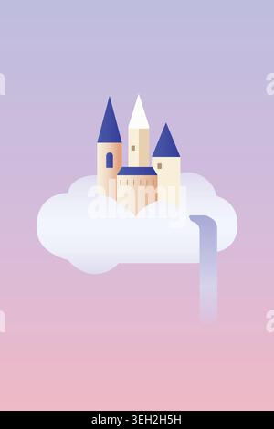 Illustration of a small castle resting on fluffy clouds with a soft pastel sky background Stock Vector