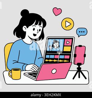 Female content creator editing digital video on laptop sitting at desk with coffee cup smartphone on tripod and timeline screen layout outline vector Stock Vector