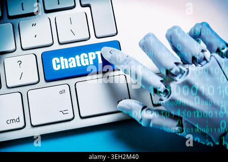 FOTOMONTAGE, Roboterhand mit Binärcode drückt Taste mit Aufschrift ChatGPT auf einer Computertastatur Hamburg Hamburg Deutschland ** NUR FÜR REDAKTIONELLE ZWECKE ** EDITORIAL USE ONLY ** *** PHOTOMONTAGE, robot hand with binary code presses key labeled ChatGPT on a computer keyboard Hamburg Hamburg Germany FOR EDITORIAL PURPOSES ONLY EDITORIAL USE ONLY Stock Photo