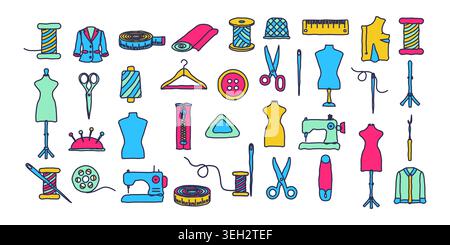 Large doodle set of colorful sewing and tailoring tools. Fashion design elements with mannequins, needles, scissors, and machines. Vector illustration Stock Vector