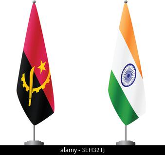 Angola and India flags on flagpoles for official ceremonies and meetings, transparent background vector Stock Vector