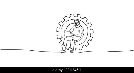 Continuous Line Art Drawing of Person Working on Laptop Gear Stock Vector