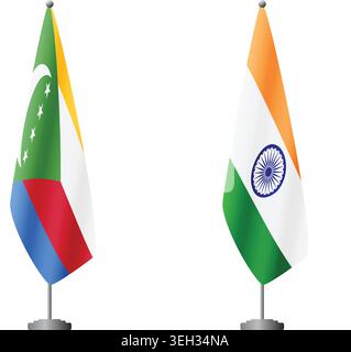 Comoros and India flags on flagpoles for official ceremonies and meetings, transparent background vector Stock Vector