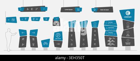 Blue wayfinding signage system mockup. Indoor wall hanging lightbox board template. Airport mall directory digital screen layout. Realistic outdoor pa Stock Vector