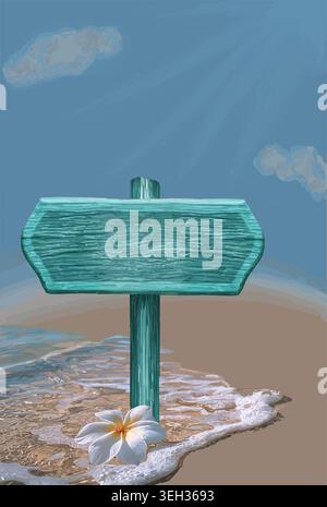 A vector-drawn EPS welcome summer themed image featuring the sea, beach, and a wooden sign. Stock Vector