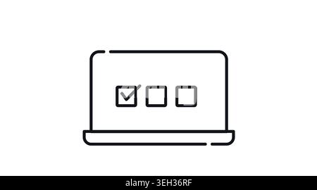 Online survey and laptop feedback icon: portable notebook computer with checklist and check mark on screen, minimalist black line art vector. Stock Vector