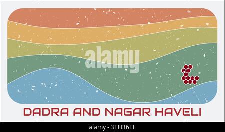 Dadra and Nagar Haveli, India vintage logo. Hexagon dots shape of the state on retro colored stripe waves background. Stock Vector
