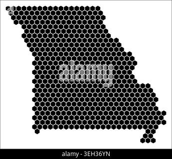 Missouri simple black and white hexagon map shape template. State plain hexagon cell dots. Missouri flat honeycomb boundary. Vector illustration. Stock Vector