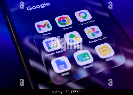 Paris, France - May 22, 2026: Various Google application icons including Drive, Docs, and Sheets on a smartphone screen. Stock Photo