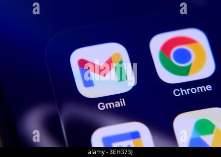 Paris, France - May 22, 2026: Gmail and Chrome application icons displayed on a smartphone screen. Stock Photo