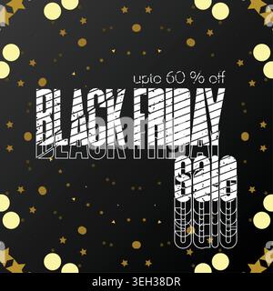 Black Friday sale poster featuring gold stars and dots, highlighting special offers and discounts for shoppers Stock Vector