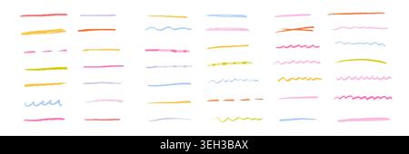 Colorful crayon scribble highlight set, hand drawn marker strokes and sketch lines. Abstract doodle texture for notes, banners, school design, decoration, creative frames and artistic backgrounds. Stock Vector