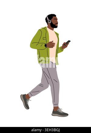 Man walks confidently, headphones on phone in hand Stock Vector