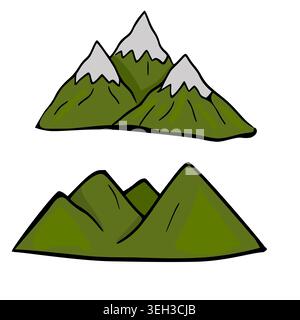 Stylized vector illustration of green mountains with snowy peaks Stock Vector