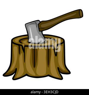 Cartoon vector illustration of an axe stuck in a wooden tree stump Stock Vector