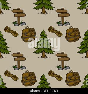 Seamless vector pattern of camping gear, including pine trees, wooden signposts, coiled ropes, and backpacks, on a neutral background. Stock Vector
