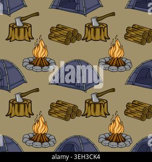 Seamless vector pattern of camping elements: tent, campfire, axe, and firewood Stock Vector