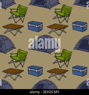 Seamless vector pattern of camping gear, including tents, folding chairs, portable tables, and coolers, on a neutral background. Stock Vector