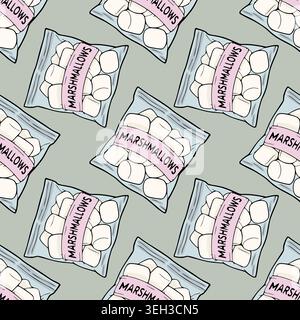 Seamless vector pattern of bags of fluffy white marshmallows with pink labels Stock Vector