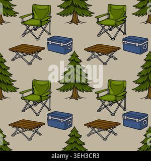 Seamless vector pattern of camping chairs, coolers, and pine trees for outdoor adventures Stock Vector