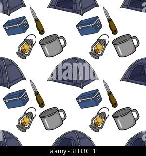 Seamless vector pattern of camping gear, including tents, lanterns, knives, cooler boxes, and mugs. Stock Vector