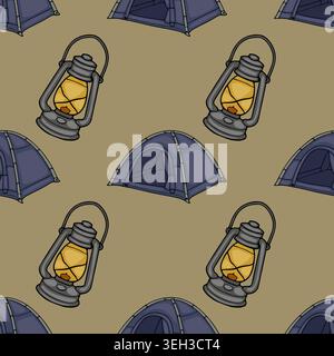 Seamless vector pattern of vintage camping tents and oil lanterns on a muted background Stock Vector