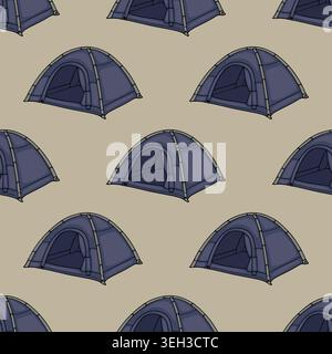 Seamless vector pattern of dark blue camping tents on a beige background Stock Vector
