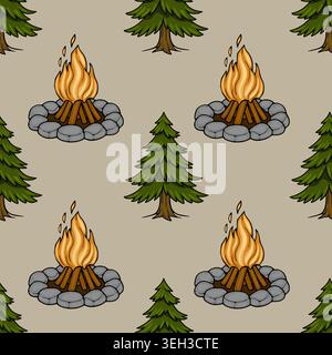 Seamless vector pattern of a cozy campfire with vibrant flames and evergreen trees Stock Vector