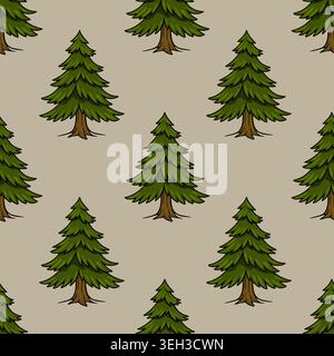 Seamless vector pattern of stylized green pine trees on a beige background Stock Vector