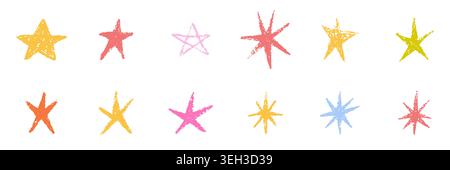 Colorful hand drawn crayon stars for kids isolated on background. Cute pencil doodle shapes with sketch texture for children design, school decoration, creative art, playful patterns and fun themes. Stock Vector