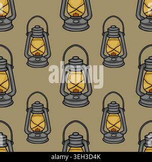 Seamless vector pattern of vintage kerosene lanterns with glowing yellow light, on a muted brown background Stock Vector