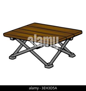 Compact folding camping table vector illustration with wooden tabletop and metal legs Stock Vector