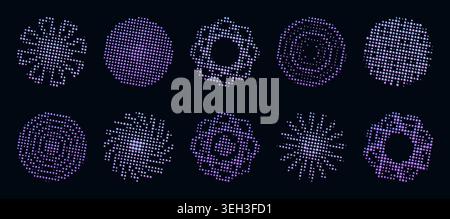Y2K halftone neon circle set. Futuristic blue and purple gradient vector radial shapes, vibrant abstract dotted sign collection Stock Vector