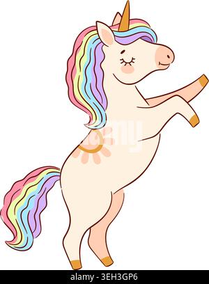 Cute magical cream unicorn standing on hind legs with pastel rainbow mane, golden horn, and closed eyes. Whimsical flat vector illustration for kids n Stock Vector