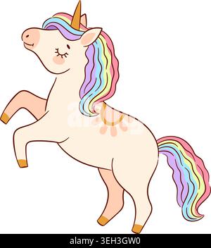 Magical cream unicorn rearing on hind legs with pastel rainbow mane, golden horn, and closed eyes. Whimsical flat vector illustration for kids nursery Stock Vector