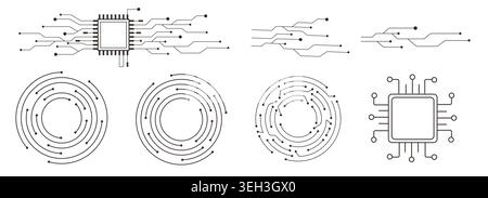 Technology circuit scheme motherboard texture, circle line dots connection. Ai chip electronics lines, circles engineering technology. Data tech bg black flat and line motherboard. Vector illustration Stock Vector