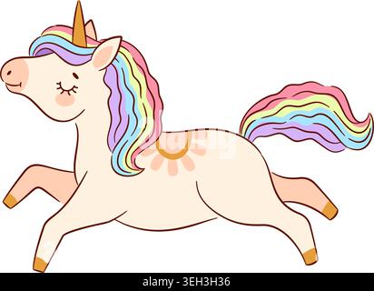 Cute cream unicorn leaping in the air, featuring long pastel rainbow mane, golden horn, and closed eyes. Whimsical flat vector illustration for kids n Stock Vector