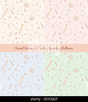 Cute sewing and crafting seamless pattern set with scissors, buttons, safety pins, and rotary cutters in pastel color palettes. Stock Vector