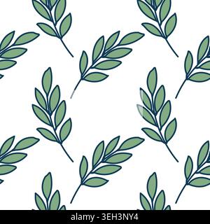 Seamless pattern with hand drawn green leaf branches on white background Stock Photo