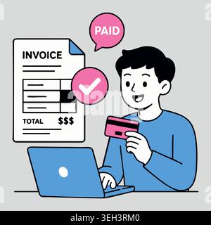 Young man holding credit card and using laptop computer for online invoice bill payment with paid stamp mark line vector illustration Stock Vector