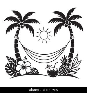 Tropical paradise beach scene with hammock hanging between palm trees cocktail drink and coconut fruits black outline vector illustration Stock Vector